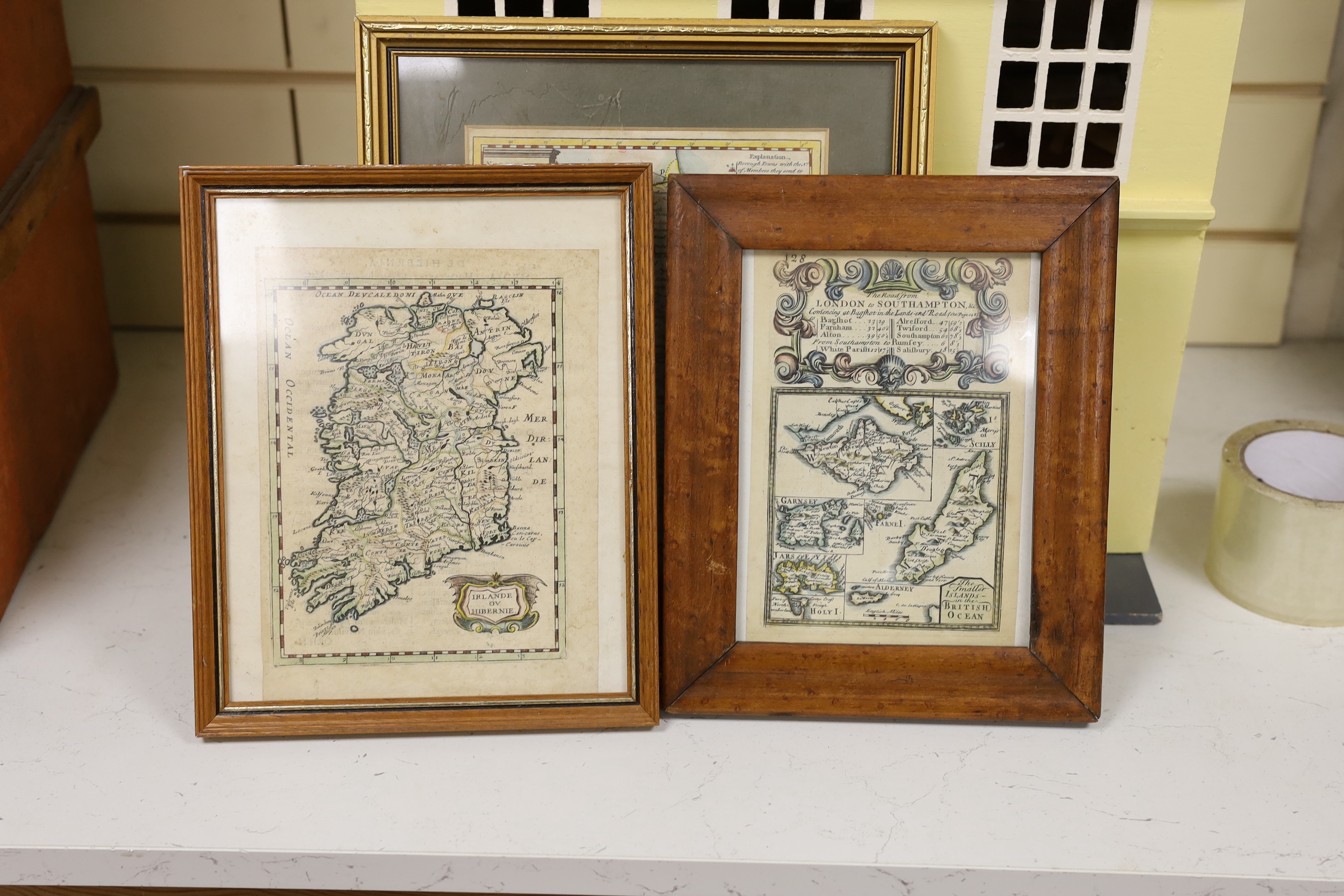 Four assorted 18th century and later maps, all coloured engravings, Irlande, 18 x 14cm, The Smaller Islands in the British Ocean, 19 x 11cm, Northumberland, 21 x 17cm and The Hundreds of Worth, Newchurch, Aloesbridge, St